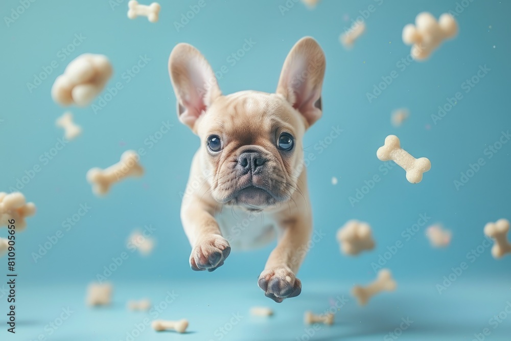 A dog surrounded with floating bone, Dog Biscuits, Professional studio photography A dog surrounded with floating bone, Dog Biscuits, Professional studio photography