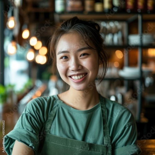 Behind the Counter - Smiling Waitress at a Restaurant Fictional Character Created By Generative AI.  © shelbys