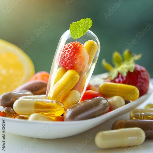 Nutritional supplement and vitamin supplements as a capsule with fruit  inside a nutrient pill.