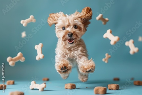 A dog surrounded with floating bone, Dog Biscuits, Professional studio photography