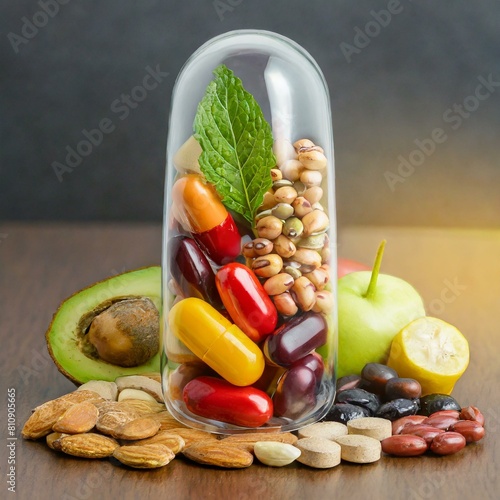  Nutritional supplement and vitamin supplements as a capsule with fruit , nuts and beans inside a nutrient pill.