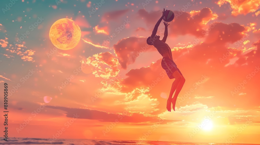 A young athlete leaps powerfully during a beach volleyball game at sunset, the sky painted in hues of orange and pink, realistic photo A young athlete leaps powerfully during a beach volleyball game at sunset, the sky painted in hues of orange and pink, realistic photo