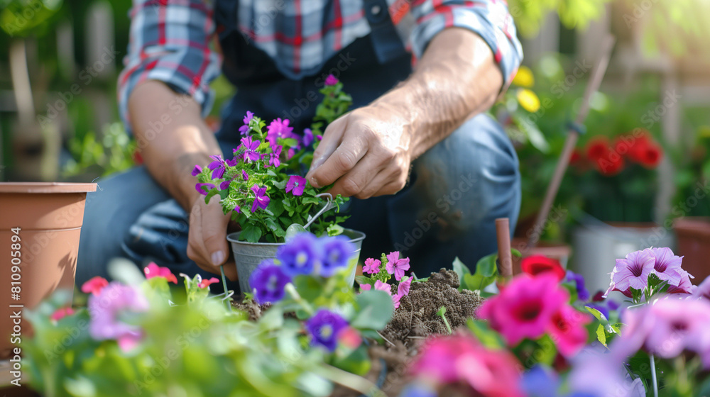 Fototapeta premium Gentle Gestures,Man Tenderly Holding a Bouquet of Small Flowers,Moments of Affection,A Man's Touch on Delicate Blossoms,Nature's Embrace, Man Cherishing Tiny Flowers in His Hands.