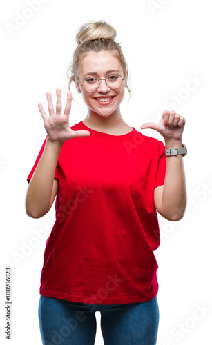 Young blonde woman wearing glasses over isolated background showing and pointing up with fingers number six while smiling confident and happy.