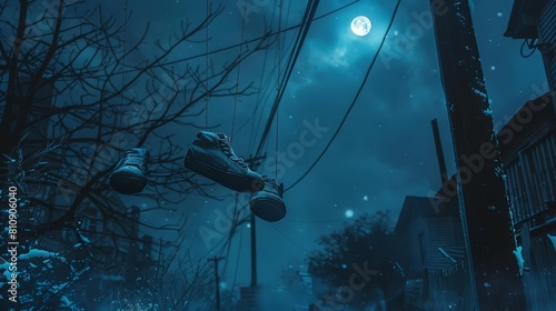 Abandoned sneakers dangle from a power line, swinging in the cold breeze of a world where streets no longer echo with the sounds of life, under a cold blue moonlight photo