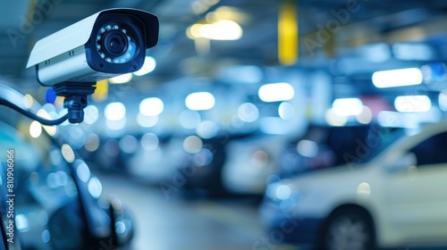 Modern technology CCTV for security systems on indoor car park background. Generated AI image