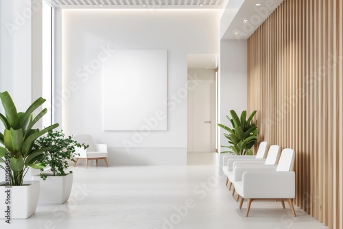 A modern hospital waiting room with white chairs and large wall art mockup