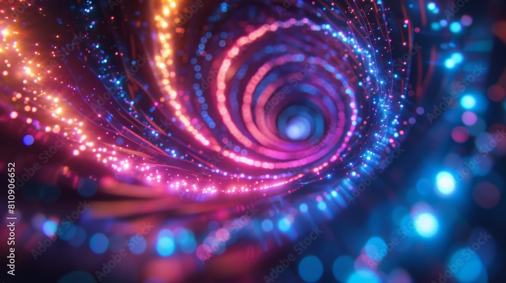 A spiral galaxy of neon lights against a dark purple backdrop. A spiral galaxy of neon lights against a dark purple backdrop.