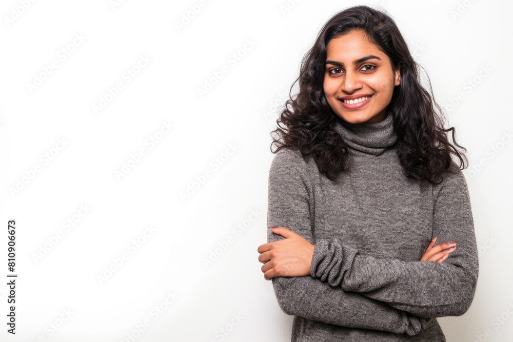 A woman with curly hair, smiling and hugging herself, poses for a photo. Fictional Character Created By Generative AI. A woman with curly hair, smiling and hugging herself, poses for a photo. Fictional Character Created By Generative AI.