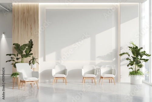 A modern hospital waiting room with white chairs and large wall art mockup