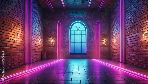  Modern futuristic neon lights on old grunge brick wall room background, light in the dark room 