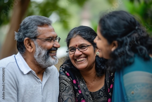 A Smiling Family Portrait - Old Man, Old Woman, and Their Daughter Fictional Character Created By Generative AI. 