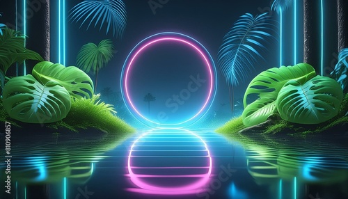 Glowing water, Glowing neon light with tropical monstera leaf and Leaves and branches of palm trees, Neon frame blank space for text,glowing 