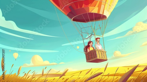 The couple is enjoying a hot air balloon flight above field landscape. Modern cartoon illustration of a smiling couple holding hands in a flying basket while watching the sunrise.