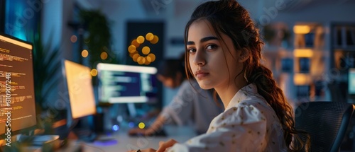 A Middle Eastern engineer works on a computer in a technological corporate office. She writes software code for a new website and software as a service software project.