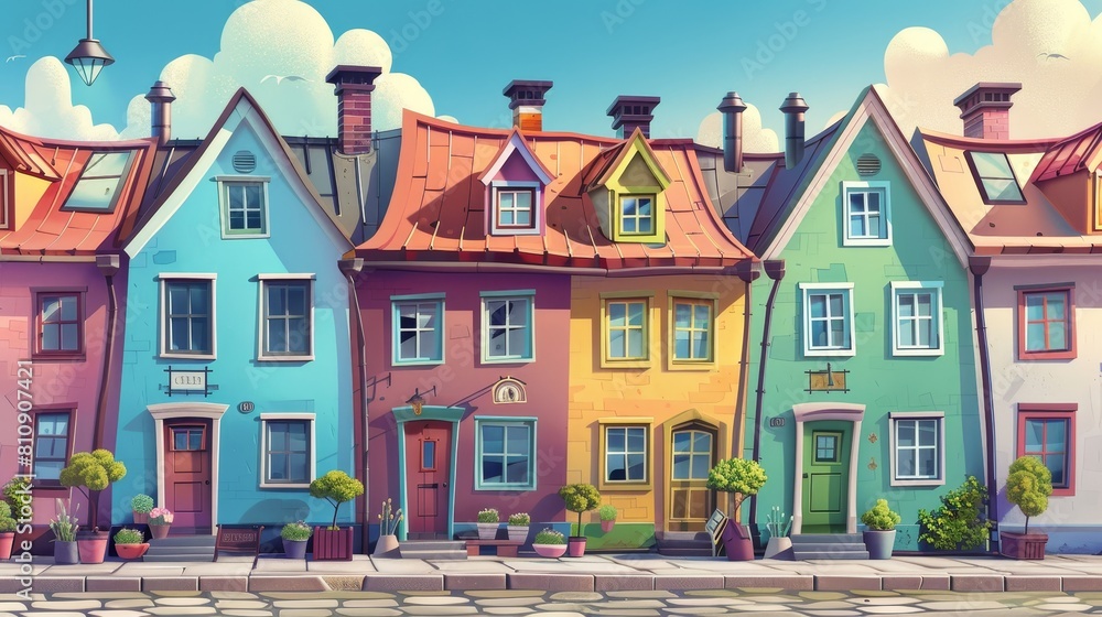 An illustration of a Scandinavian street road with building on a cartoon modern background. An outdoor art piece depicting a cute house with chimney and window on the roof. A side walk near a house An illustration of a Scandinavian street road with building on a cartoon modern background. An outdoor art piece depicting a cute house with chimney and window on the roof. A side walk near a house