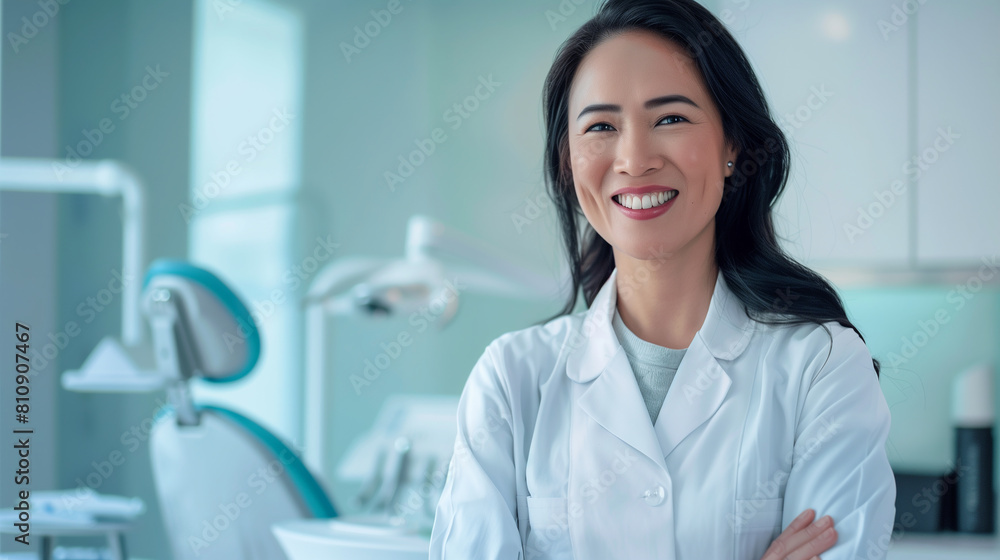 Smiling Asian Woman Dentist in Clean Cabinet: Banner with Copy Space. Generative AI Smiling Asian Woman Dentist in Clean Cabinet: Banner with Copy Space. Generative AI
