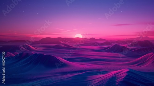 Creative amazing view of an expansive desert under a neon twilight sky in cyberpunk 80s color  pushing the limits of landscape art  kawaii template sharpen with copy space
