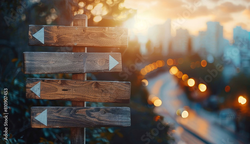 Illuminated wooden signpost with blank arrows at sunset in the city photo