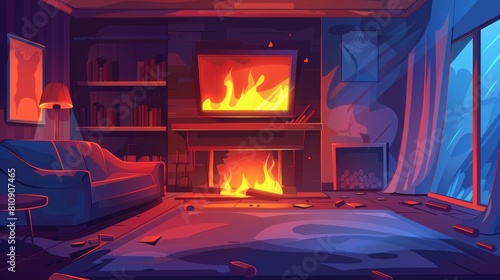 A burning house with cartoon background surrounded by smoke and ash. Ash on the carpet  shelves  and walls. A burned hotel room with a sofa and soot.
