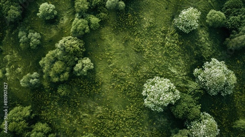 Beautiful aerial view of green grassy fields with trees at sunny day. Generated AI image