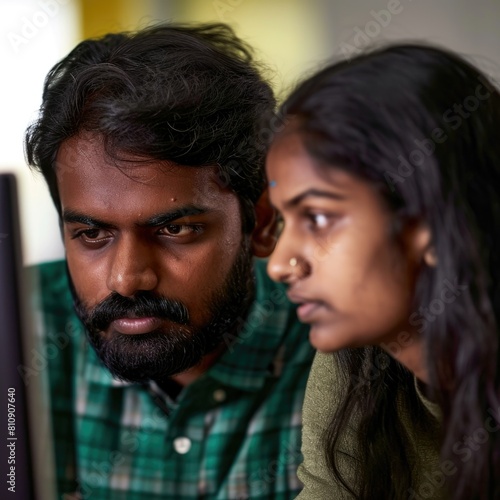 A Young Indian Couple Analyzing Stocks on a Computer Fictional Character Created By Generative AI. 