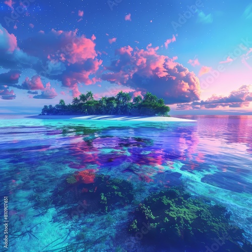 Creative colorful landscape of a tropical atoll  using synthwave color to highlight its unique and vibrant ecosystem  banner template sharpen with copy space