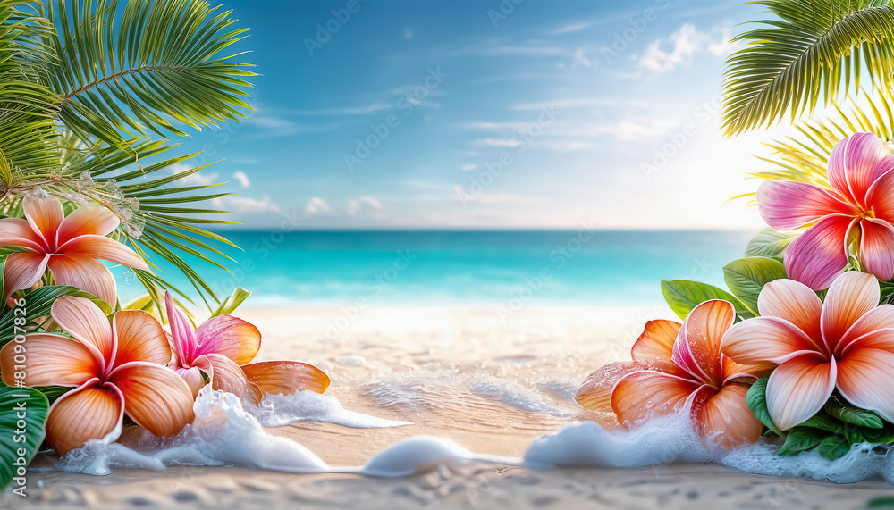 Tropical beach with flowers. Sea coast. Flower frame. AI generated