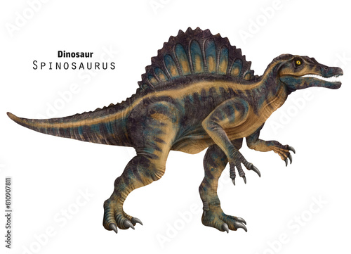 Spinosaurus illustration. Dinosaur with crest on back. Green  yellow dino