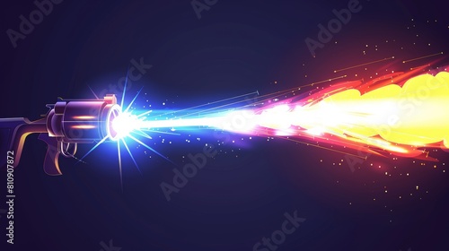 A laser beam effect for a weapon or gun in a game modern. A magic blaster explodes with energy and lightning. A fire ray power attack pulse illustration on dark background. A fireball shooting in an photo