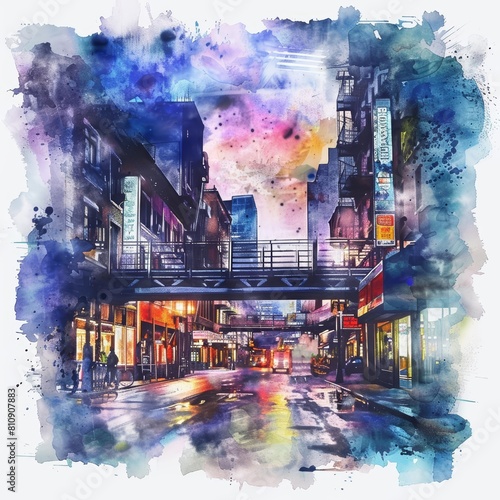 Creative watercolor of a bustling urban area  capturing the dynamic architecture and vibrant street life in minimal styles  clipart watercolor on white background