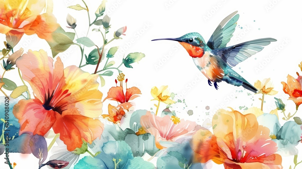 Creative watercolor of a delicate hummingbird hovering over vibrant flowers, portrayed in vintage styles, clipart watercolor on white background