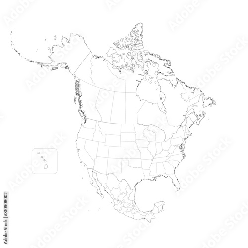 Political map of North American countries Canada, United States of America and Mexico with administrative divisions. Thin black outline map with countries and states name labels. Vector illustration