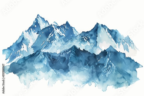 Creative watercolor of a majestic mountain range, with snowcapped peaks and cascading waterfalls in kid styles, clipart watercolor on white background