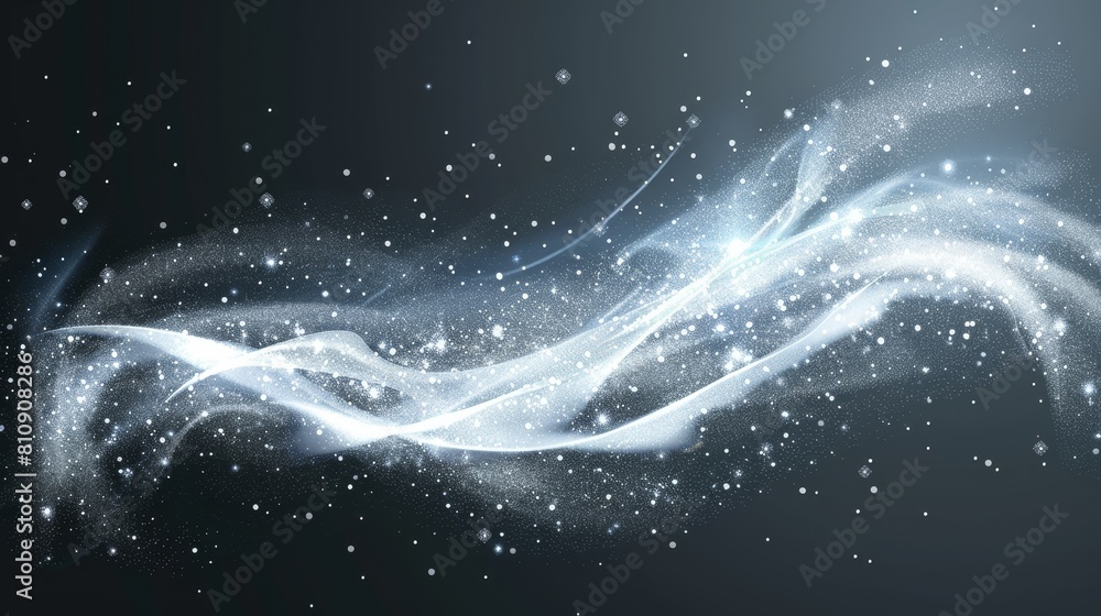 Fototapeta premium Modern air effect of cold wind and snow swirling on transparent background. White frost water wave flow png. Abstract air flow motion with sparkle. Realistic snowstorm trail with glow.