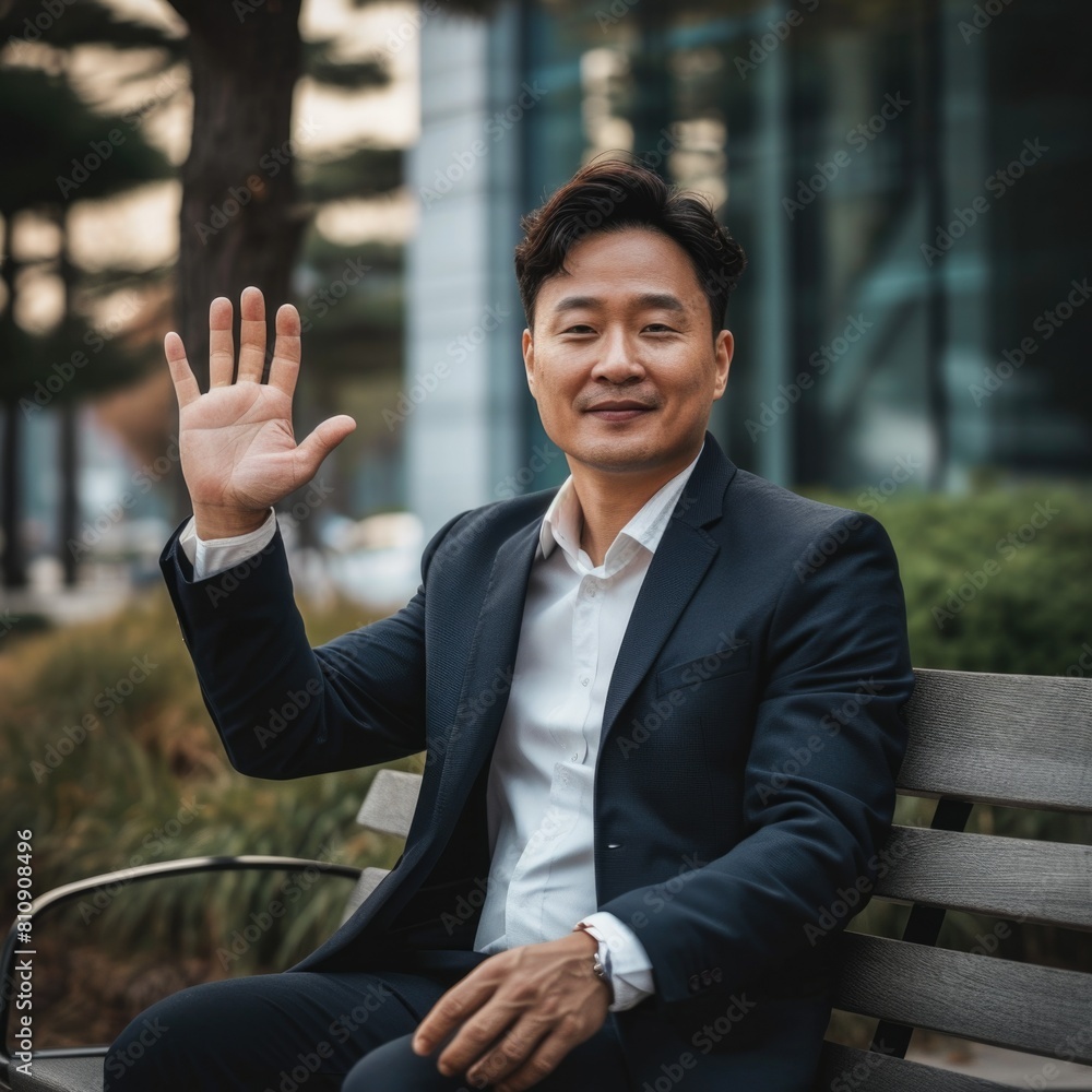 Businessman in Suit Waving Goodbye from a Bench Fictional Character Created By Generative AI. Businessman in Suit Waving Goodbye from a Bench Fictional Character Created By Generative AI.