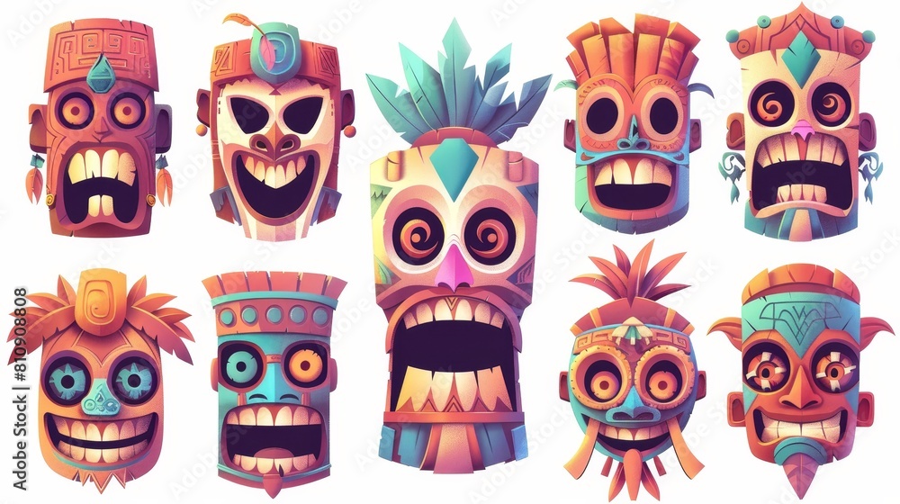 Modern cartoon set of traditional wooden tikki masks with smiles and decoration, influenced by Polynesian or African god statues. Modern cartoon set of traditional wooden tikki masks with smiles and decoration, influenced by Polynesian or African god statues.