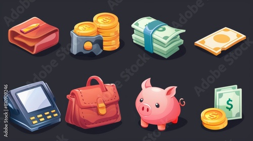 Illustration of an isolated financial and banking account interface object with gold coins in wallets, pigs, cash and POS terminals.