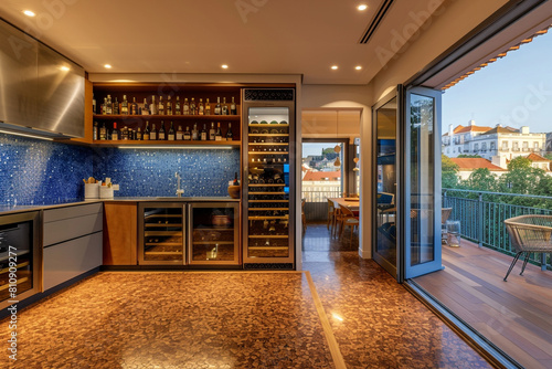A contemporary Lisbon kitchen, with cork flooring, azure tile backsplashes, a wine cooler stocked with Portuguese vintages, and folding glass doors that reveal a charming city vista.