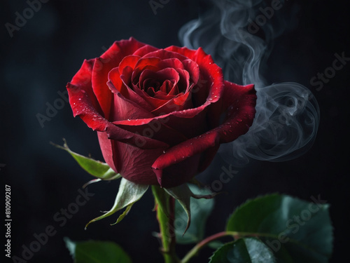 Enigmatic Bloom  A red rose shrouded in swirling smoke captivates against a dark background.