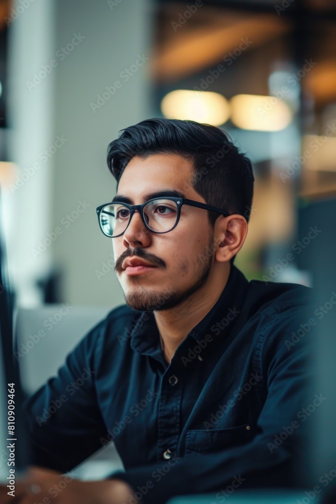 A man with a stylish beard and glasses works on his laptop Fictional Character Created By Generative AI. A man with a stylish beard and glasses works on his laptop Fictional Character Created By Generative AI.