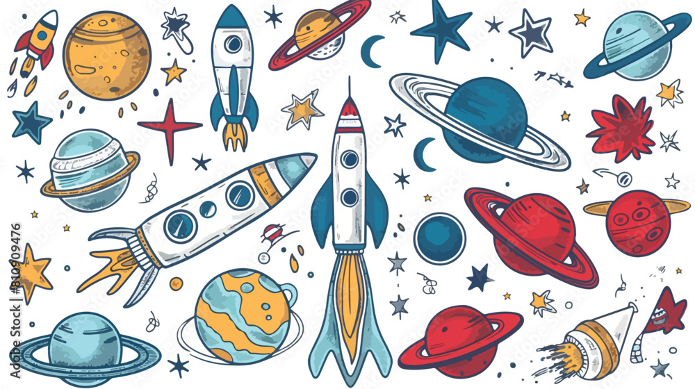 Hand drawn cartoon space planetsshuttles rockets sate