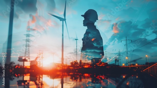 An engineer standing in front of a wind turbine at sunset. photo