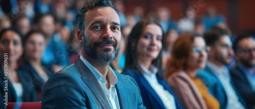 A diverse group of entrepreneurs listens to a keynote address by a startup company with an innovative product or service at an international technology conference.