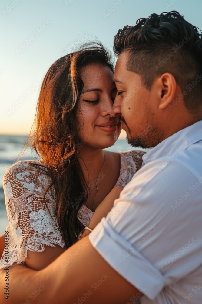 A romantic couple embracing each other on a beach at sunset Fictional Character Created By Generative AI. A romantic couple embracing each other on a beach at sunset Fictional Character Created By Generative AI.