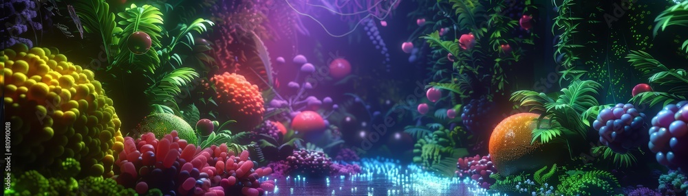 GMO food and genetically modified crops depicted as a scifi garden with glowing fruits and vegetables, designed for an educational exhibit on biotechnology GMO food and genetically modified crops depicted as a scifi garden with glowing fruits and vegetables, designed for an educational exhibit on biotechnology