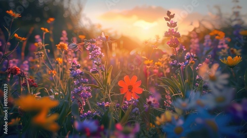 During the summer solstice picture a meadow filled with vibrant multicolored wildflowers in the background
