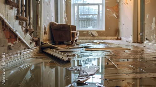 Rooms floor submerged in water, highlighting the extensive water damage to the interior that requires urgent repair and restoration services. photo