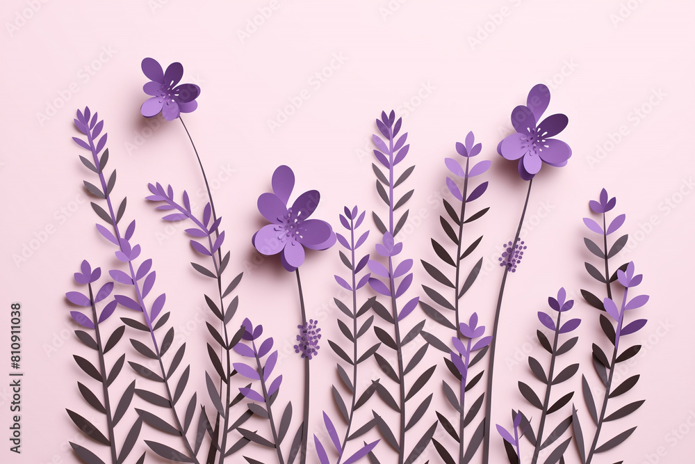 Fototapeta premium Paper cut flowers and leaves, Fresh spring nature background. Floral banner, poster, flyer template with copy space.