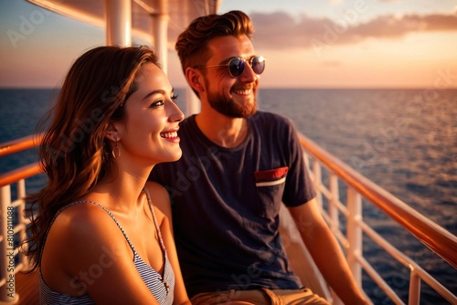 Romantic young couple in love  on a cruise ship at sunset